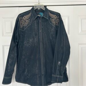 Roar Black Western Shirt with Brown/Tan Embroidered Design Men’s XL Gorgeous